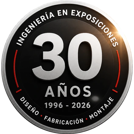 Sello conmemorativo: 30 Años de Ingeniería en Exposiciones, 1996 a 2026. Diseño, fabricación y montaje.